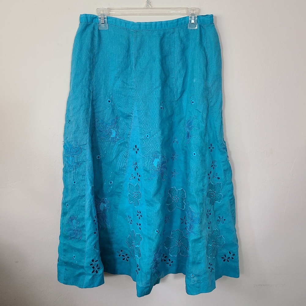 Blue Floral Eyelet‎ 100% Linen Embroidered Womens 12 Midi Skirt Coastal Beachy